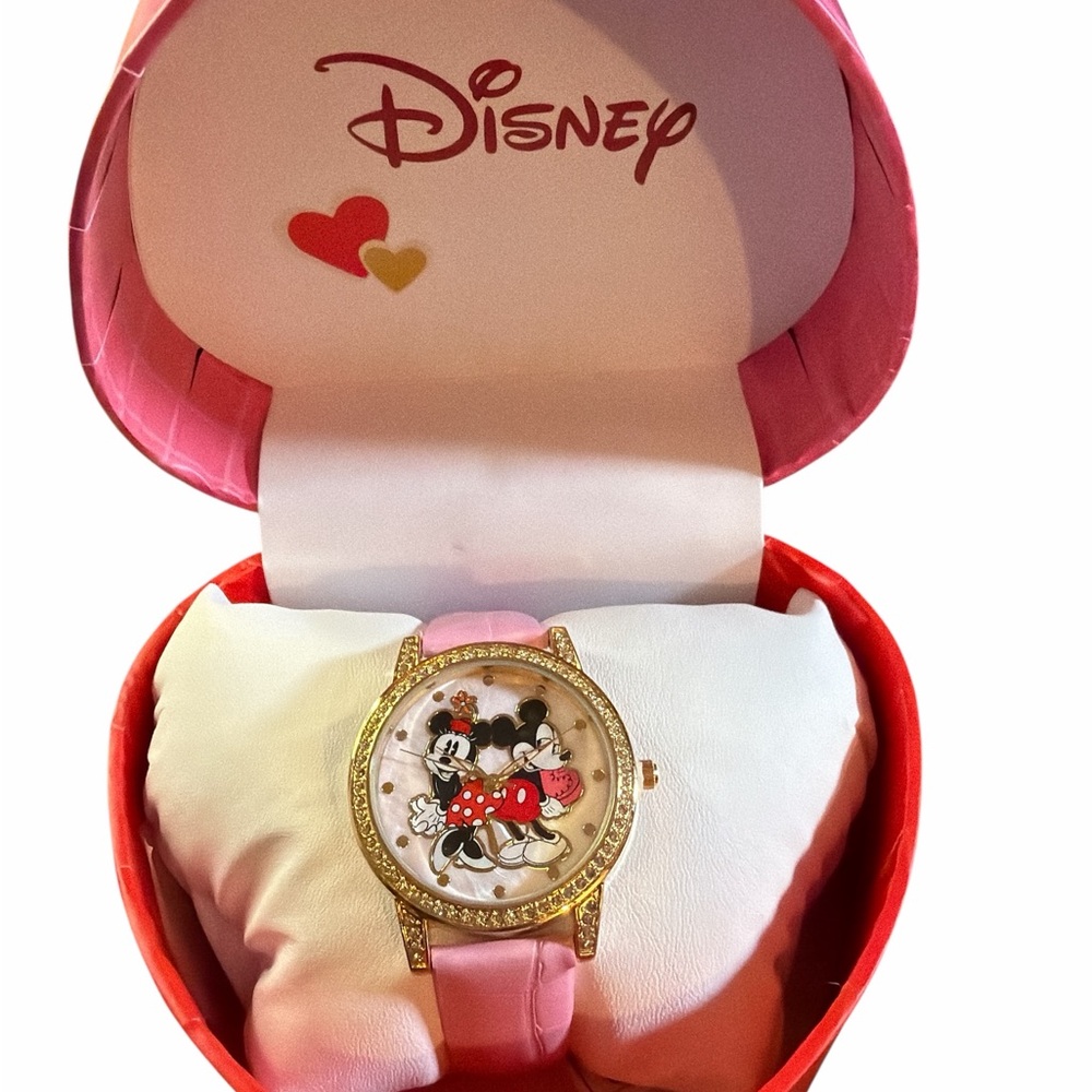 Disney Pink Minnie & Mickey Gold-Tone Crystal Watch With Heart Shape box